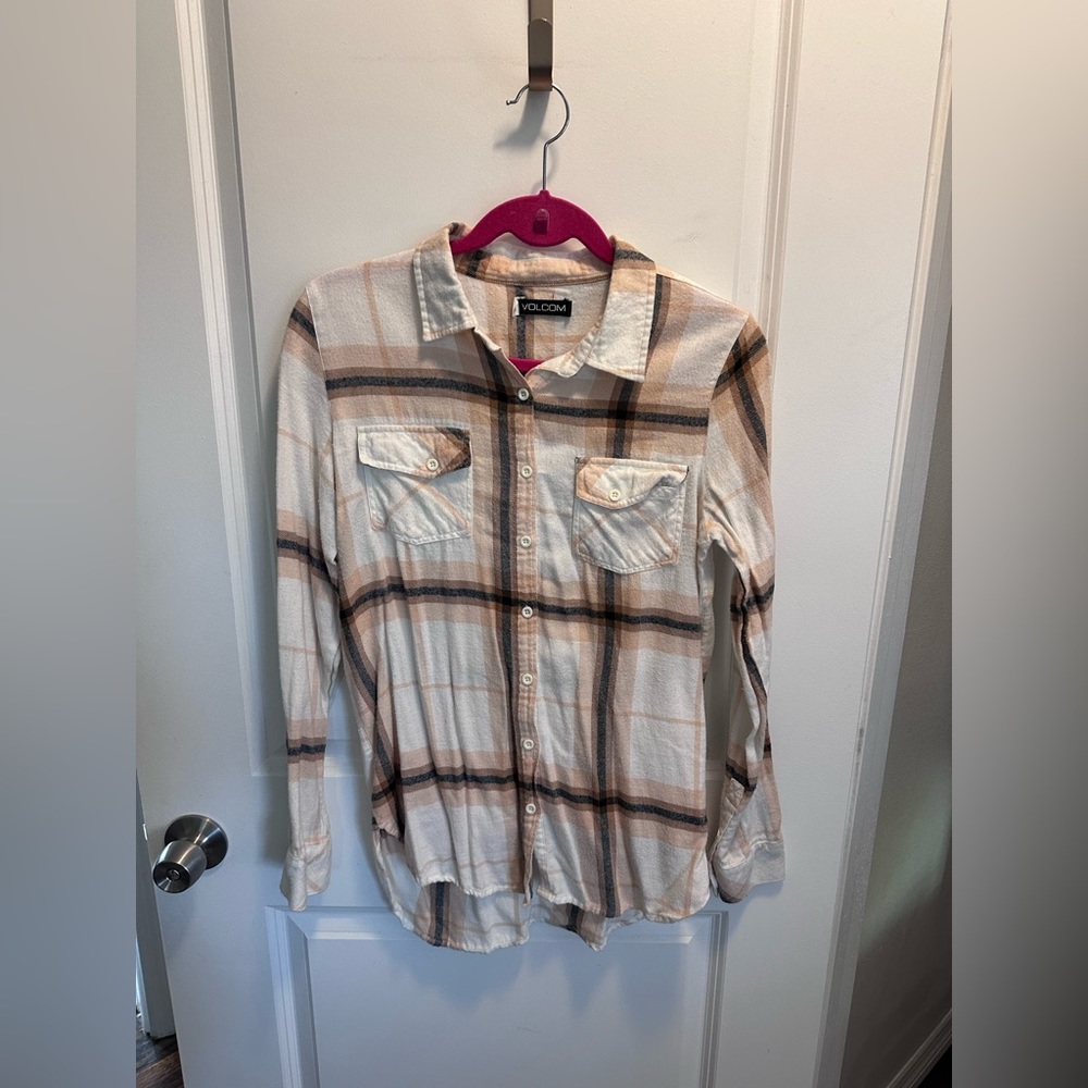 Size Small Volcom White and Beige Plaid 100% Cotton Flannel